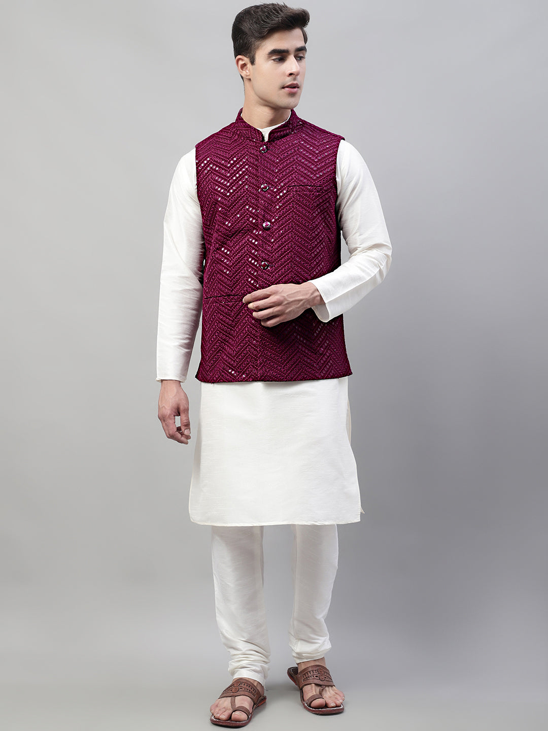 Jompers Men's White Solid Kurta Pyjama with Purple Embroidered Nehru Jacket | Grocsy