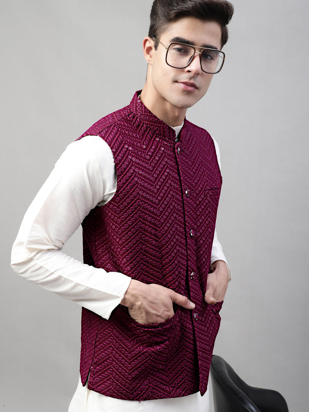 Jompers Men's White Solid Kurta Pyjama with Purple Embroidered Nehru Jacket | Grocsy