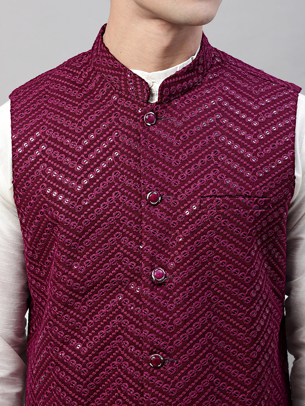 Jompers Men's White Solid Kurta Pyjama with Purple Embroidered Nehru Jacket | Grocsy