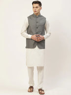 Jompers Men's Kurta Pyjama With Charcoal Grey Solid Nehru Jacket | Grocsy