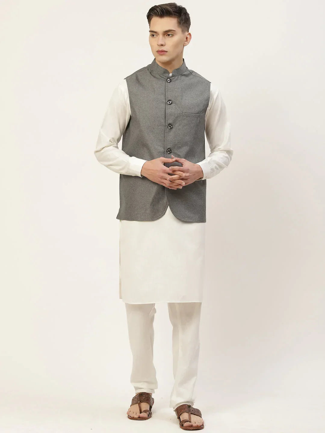 Jompers Men's Kurta Pyjama With Charcoal Grey Solid Nehru Jacket | Grocsy