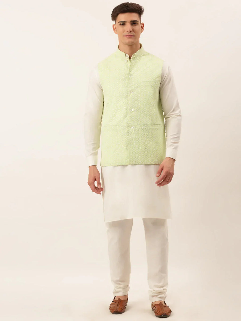 Jompers Men's White Cotton Blend Kurta with Pyjamas & Green Embroidered Nehru Jacket | Grocsy
