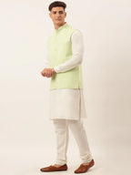 Jompers Men's White Cotton Blend Kurta with Pyjamas & Green Embroidered Nehru Jacket | Grocsy