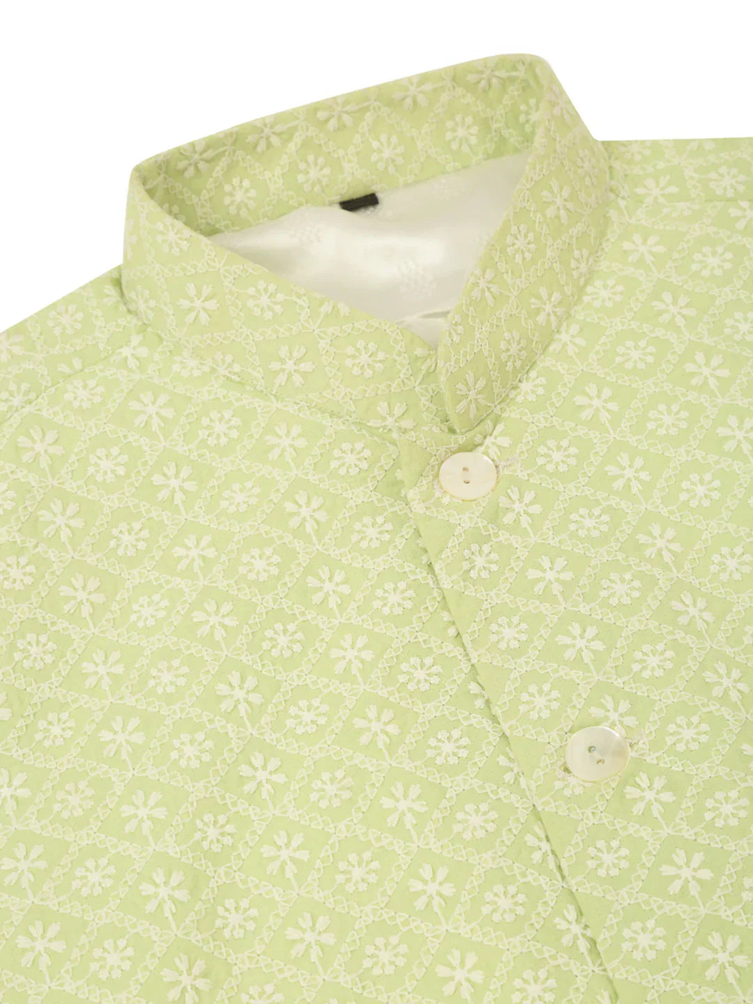 Jompers Men's White Cotton Blend Kurta with Pyjamas & Green Embroidered Nehru Jacket | Grocsy