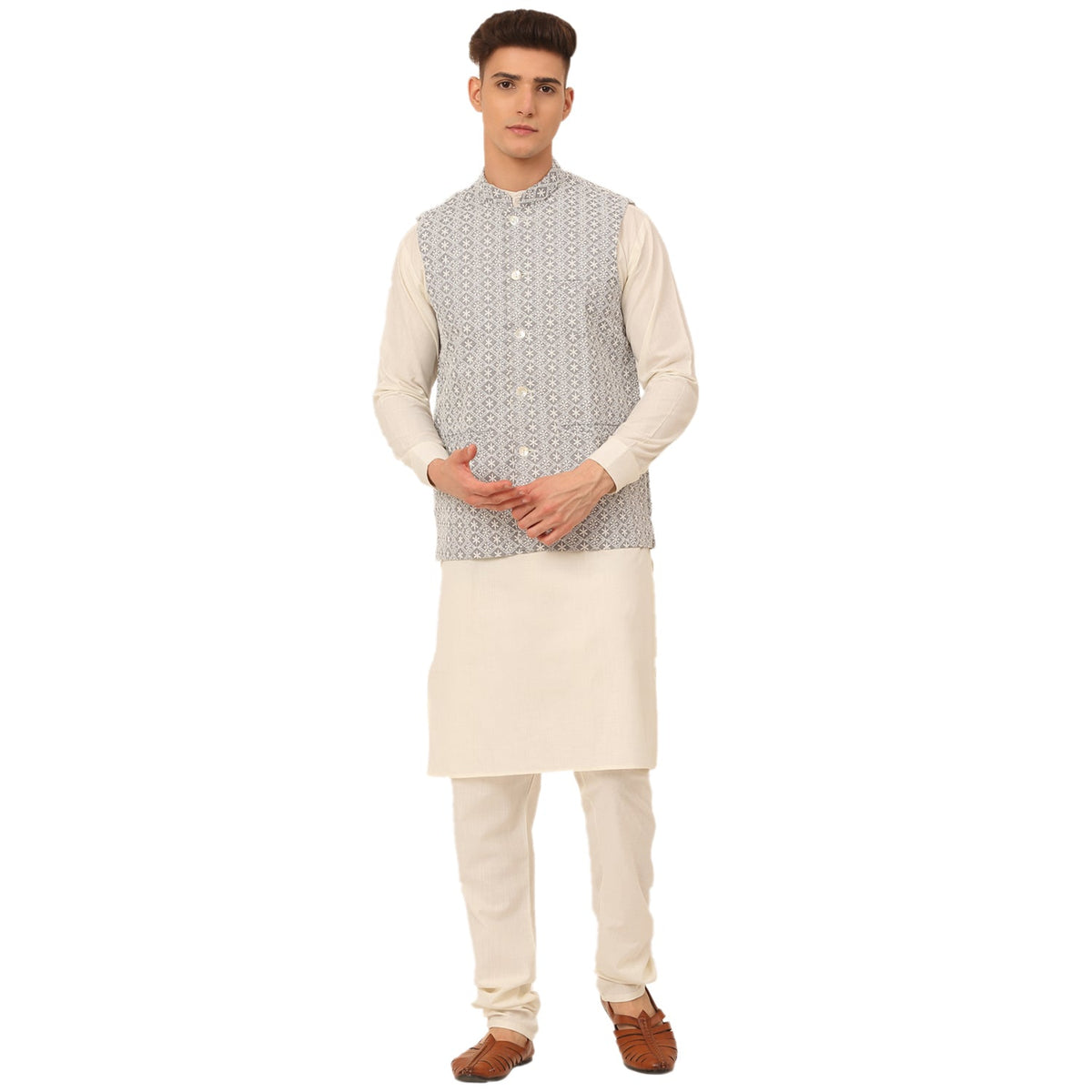 Jompers Men's White Cotton Blend Kurta with Pyjamas & Embroidered Nehru Jacket | Grocsy
