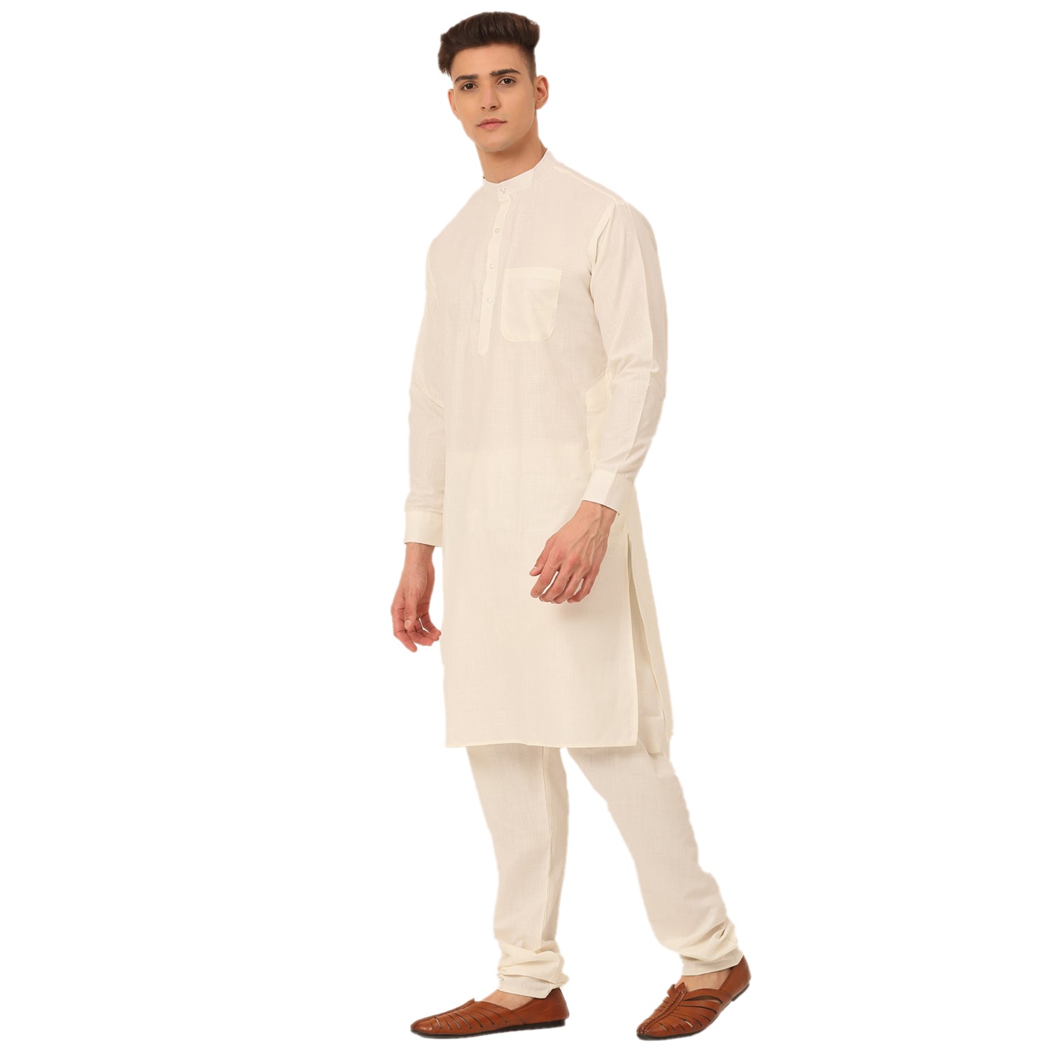 Jompers Men's White Cotton Blend Kurta with Pyjamas & Embroidered Nehru Jacket | Grocsy