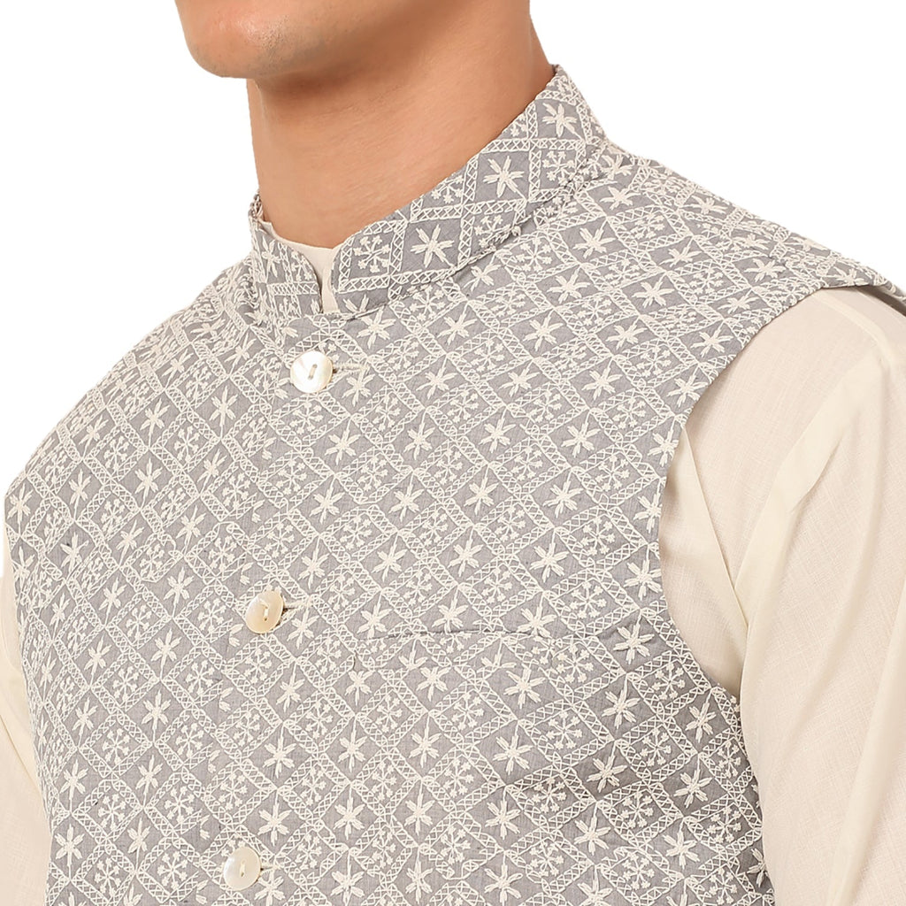 Jompers Men's White Cotton Blend Kurta with Pyjamas & Embroidered Nehru Jacket | Grocsy