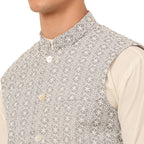 Jompers Men's White Cotton Blend Kurta with Pyjamas & Embroidered Nehru Jacket | Grocsy