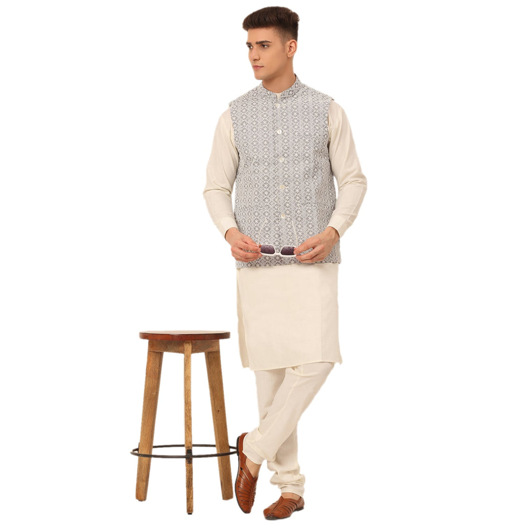 Jompers Men's White Cotton Blend Kurta with Pyjamas & Embroidered Nehru Jacket | Grocsy