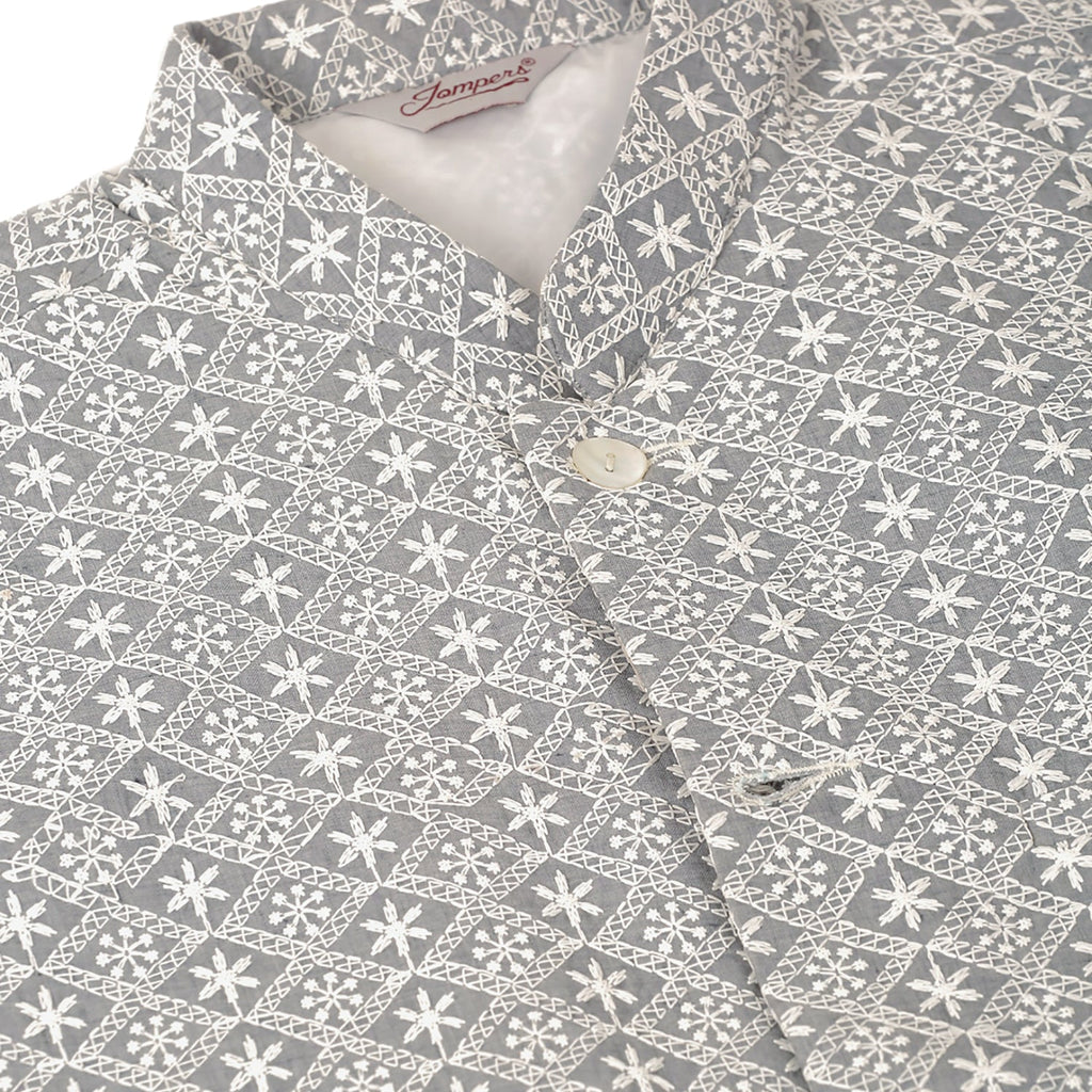 Jompers Men's White Cotton Blend Kurta with Pyjamas & Embroidered Nehru Jacket | Grocsy