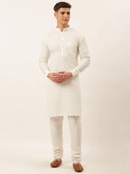 Jompers Men's White Cotton Blend Kurta with Pyjamas & Yellow Embroidered Nehru Jacket | Grocsy