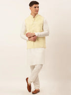 Jompers Men's White Cotton Blend Kurta with Pyjamas & Yellow Embroidered Nehru Jacket | Grocsy