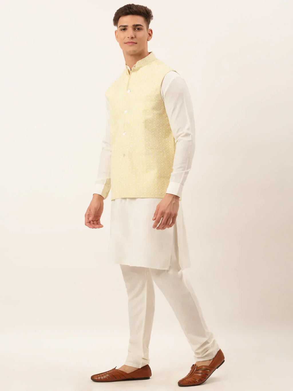Jompers Men's White Cotton Blend Kurta with Pyjamas & Yellow Embroidered Nehru Jacket | Grocsy