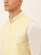 Jompers Men's White Cotton Blend Kurta with Pyjamas & Yellow Embroidered Nehru Jacket | Grocsy