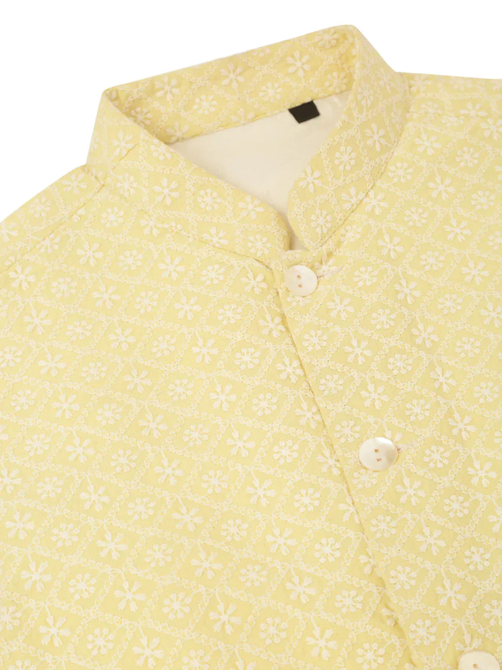 Jompers Men's White Cotton Blend Kurta with Pyjamas & Yellow Embroidered Nehru Jacket | Grocsy