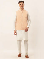 Jompers Men's White Cotton Blend Kurta with Pyjamas & Orange Embroidered Nehru Jacket | Grocsy