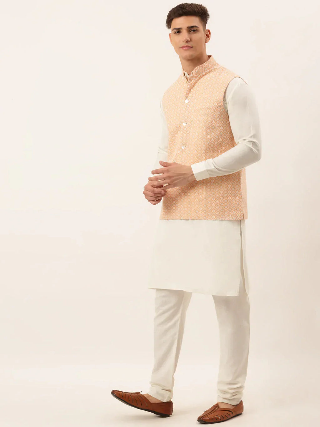 Jompers Men's White Cotton Blend Kurta with Pyjamas & Orange Embroidered Nehru Jacket | Grocsy