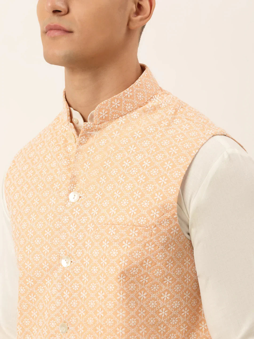 Jompers Men's White Cotton Blend Kurta with Pyjamas & Orange Embroidered Nehru Jacket | Grocsy