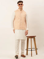 Jompers Men's White Cotton Blend Kurta with Pyjamas & Orange Embroidered Nehru Jacket | Grocsy