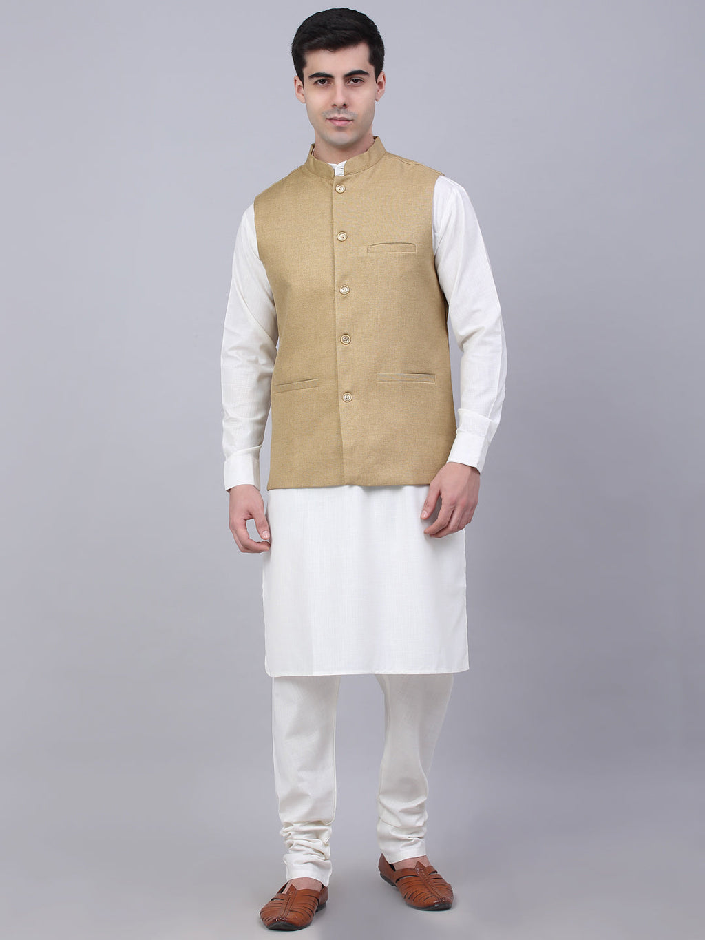 Jompers Men's Solid Kurta Pyjama With Nehru Jacket - Beige | Grocsy