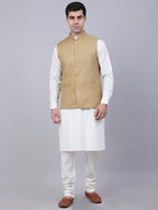 Jompers Men's Solid Kurta Pyjama With Nehru Jacket - Beige | Grocsy