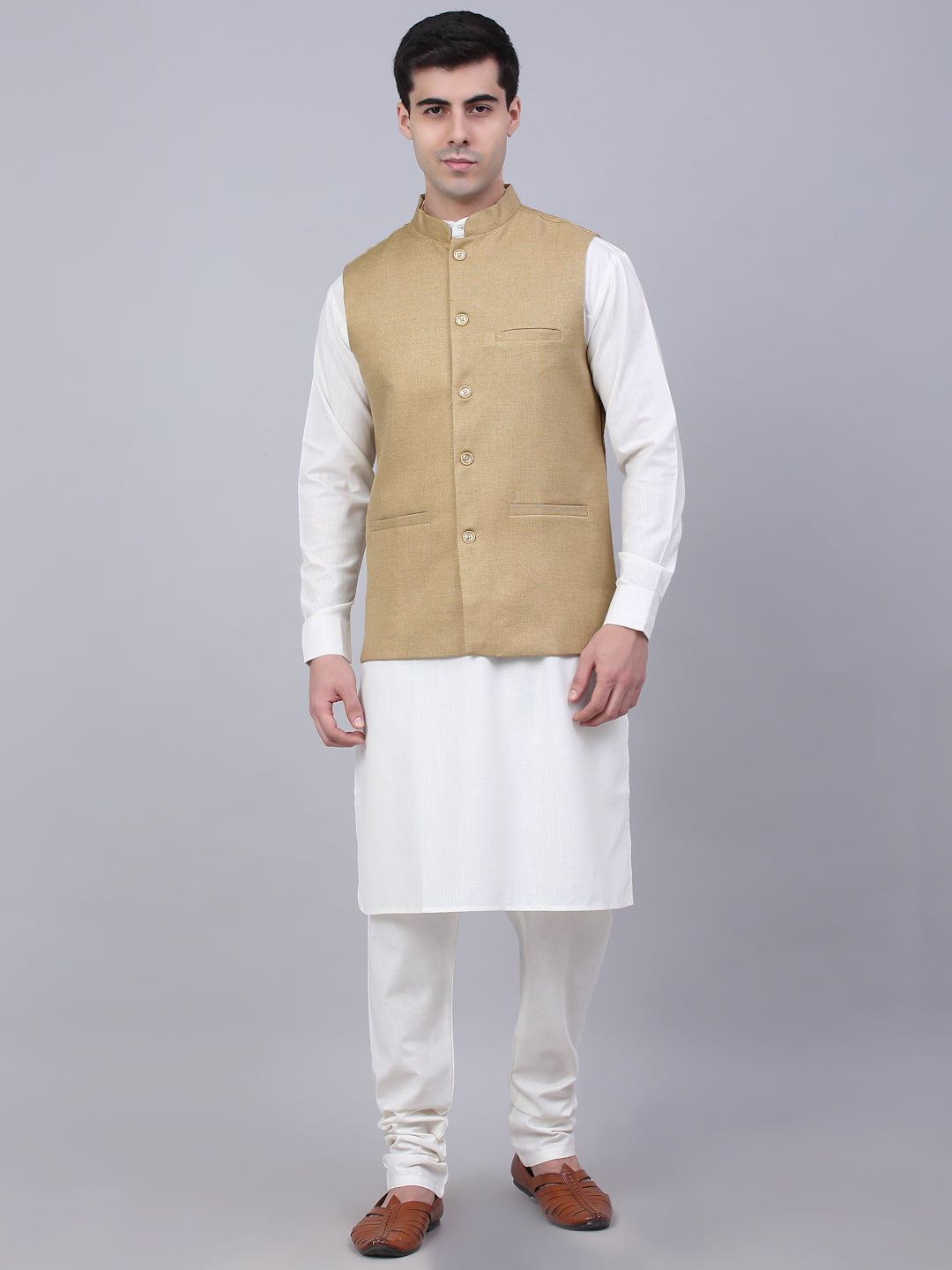 Jompers Men's Solid Kurta Pyjama With Nehru Jacket - Beige | Grocsy