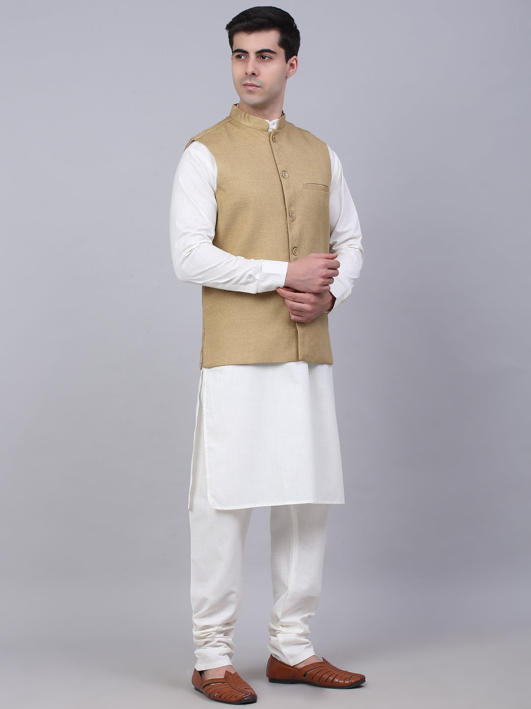 Jompers Men's Solid Kurta Pyjama With Nehru Jacket - Beige | Grocsy