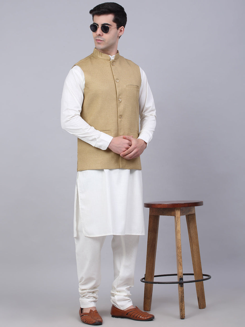 Jompers Men's Solid Kurta Pyjama With Nehru Jacket - Beige | Grocsy