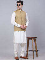 Jompers Men's Solid Kurta Pyjama With Nehru Jacket - Beige | Grocsy