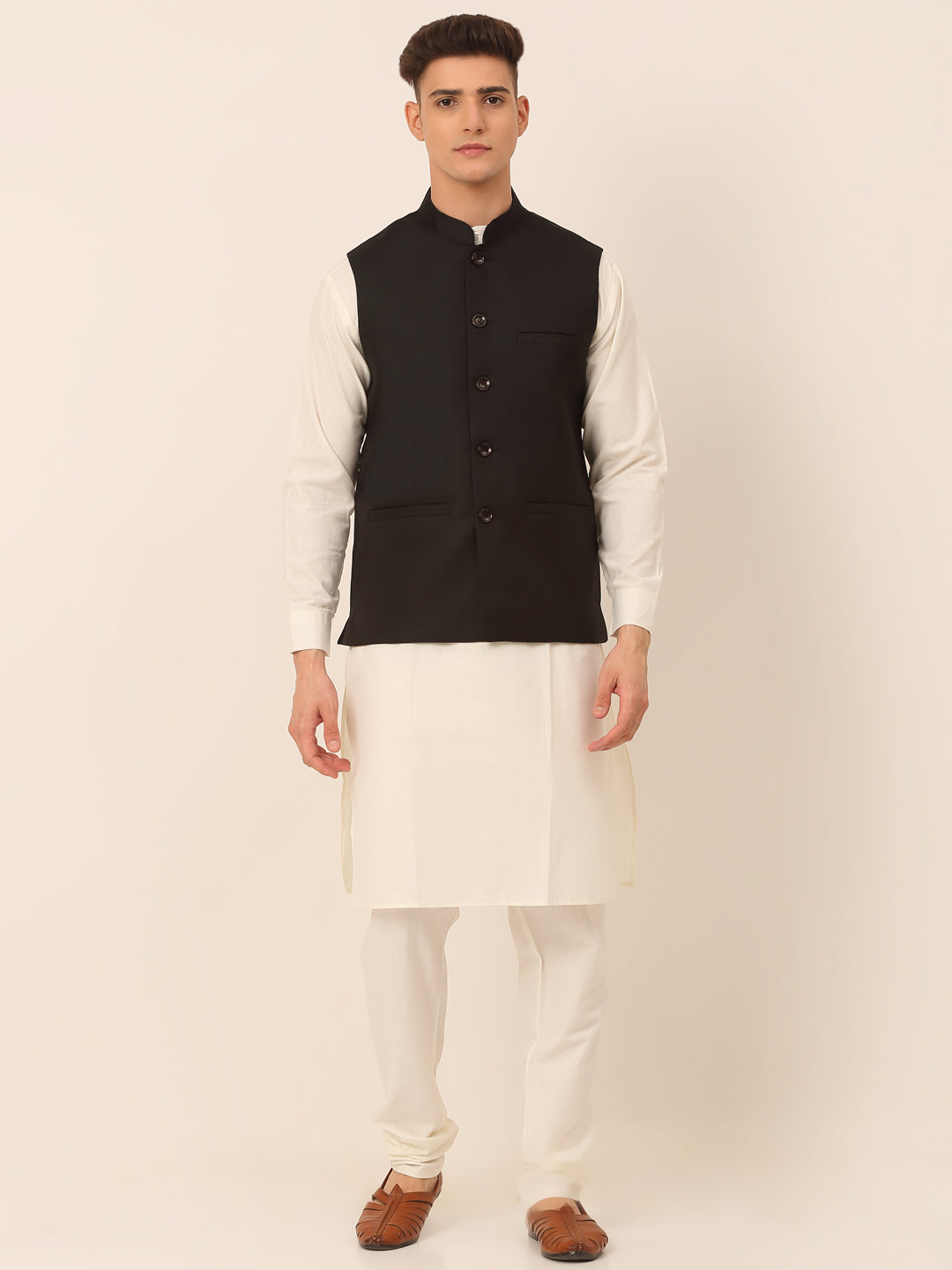 Jompers Men's Solid Kurta Pyjama With Nehru Jacket - Black | Grocsy