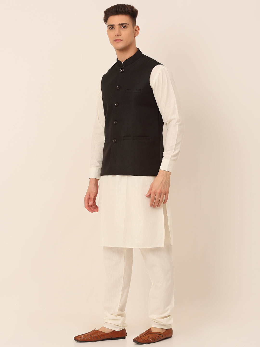 Jompers Men's Solid Kurta Pyjama With Nehru Jacket - Black | Grocsy