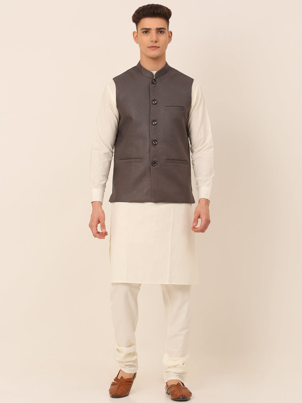 Jompers Men's Solid Kurta Pyjama With Nehru Jacket - Charcoal | Grocsy