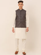 Jompers Men's Solid Kurta Pyjama With Nehru Jacket - Charcoal | Grocsy