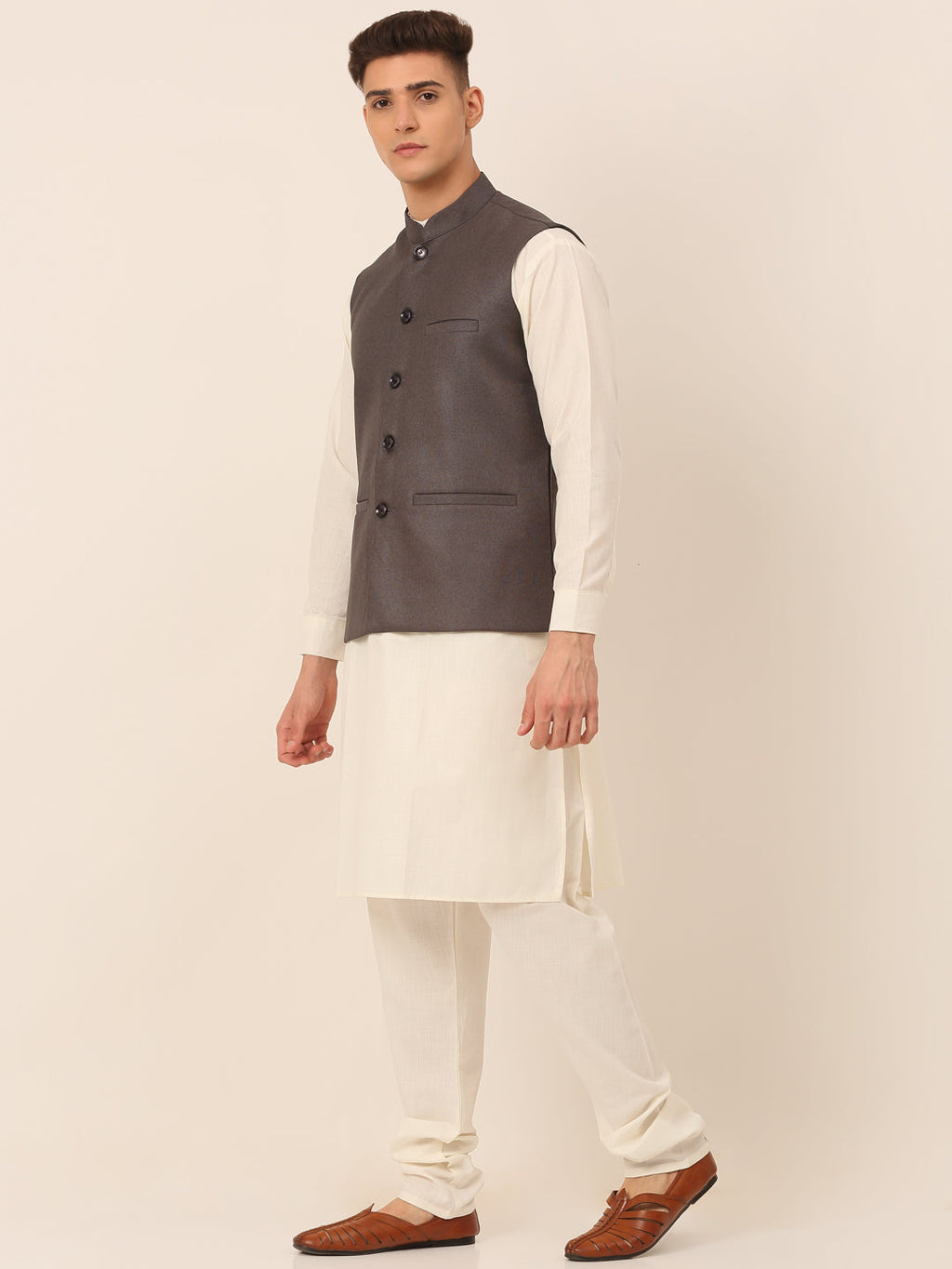 Jompers Men's Solid Kurta Pyjama With Nehru Jacket - Charcoal | Grocsy