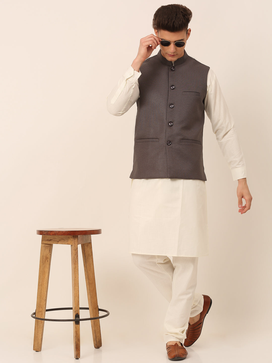 Jompers Men's Solid Kurta Pyjama With Nehru Jacket - Charcoal | Grocsy