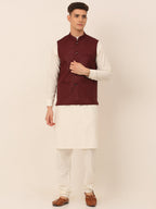Jompers Men's Solid Kurta Pyjama With Nehru Jacket - Maroon | Grocsy