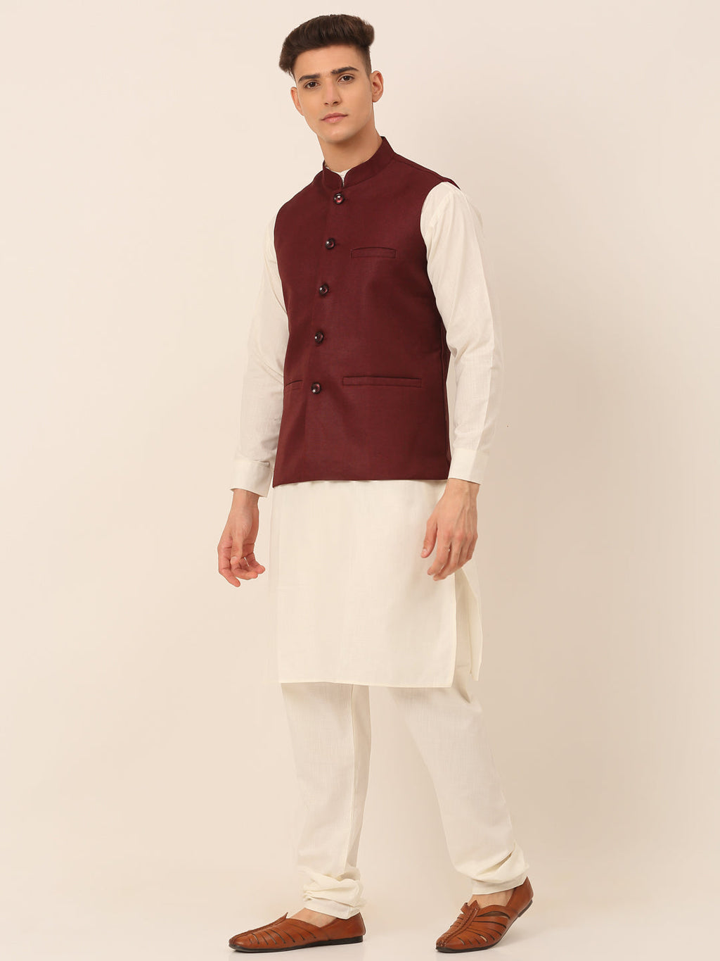 Jompers Men's Solid Kurta Pyjama With Nehru Jacket - Maroon | Grocsy