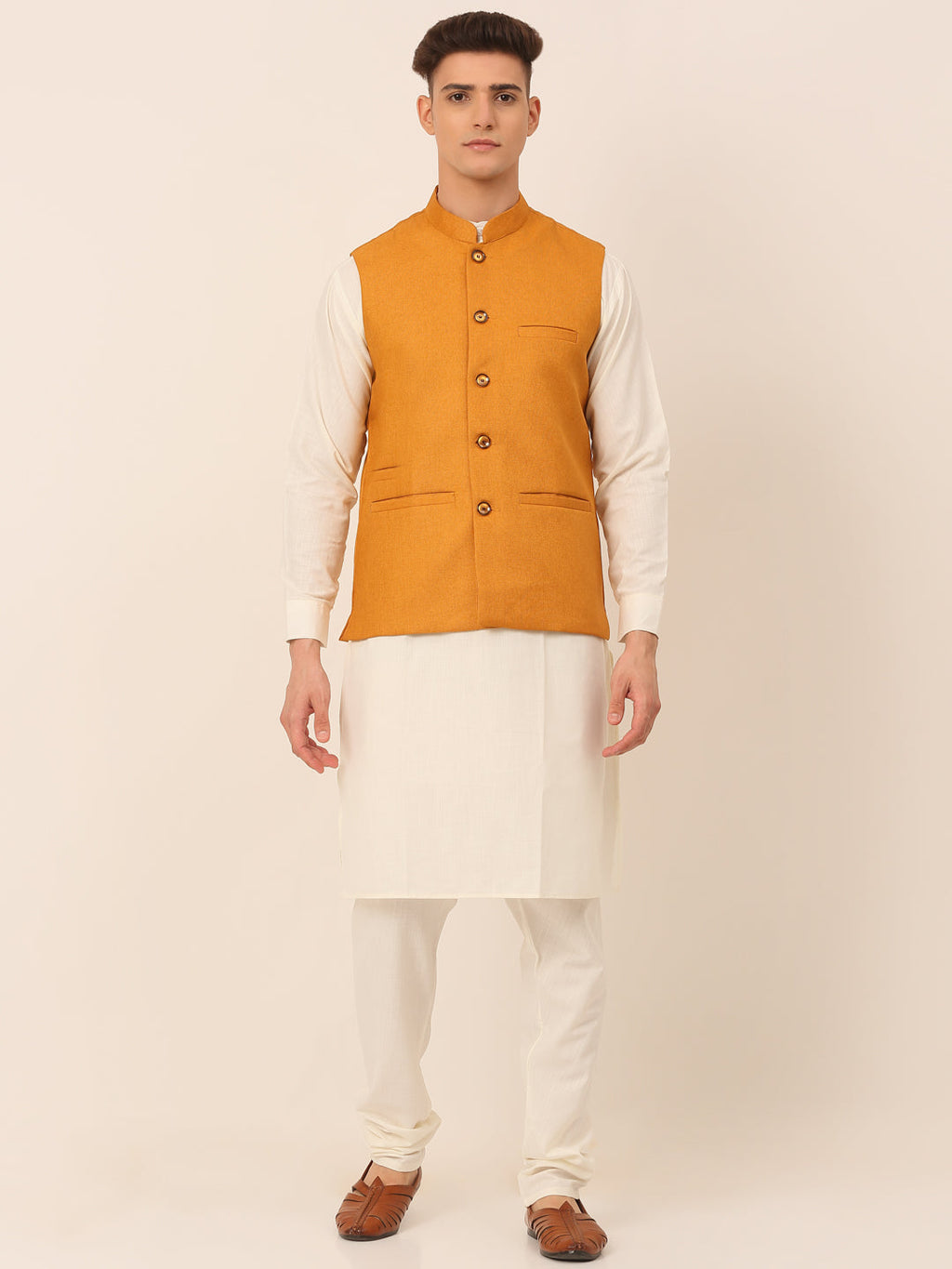 Jompers Men's Solid Kurta Pyjama With Nehru Jacket - Mustard | Grocsy