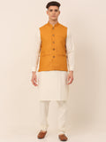 Jompers Men's Solid Kurta Pyjama With Nehru Jacket - Mustard | Grocsy