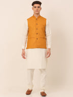 Jompers Men's Solid Kurta Pyjama With Nehru Jacket - Mustard | Grocsy