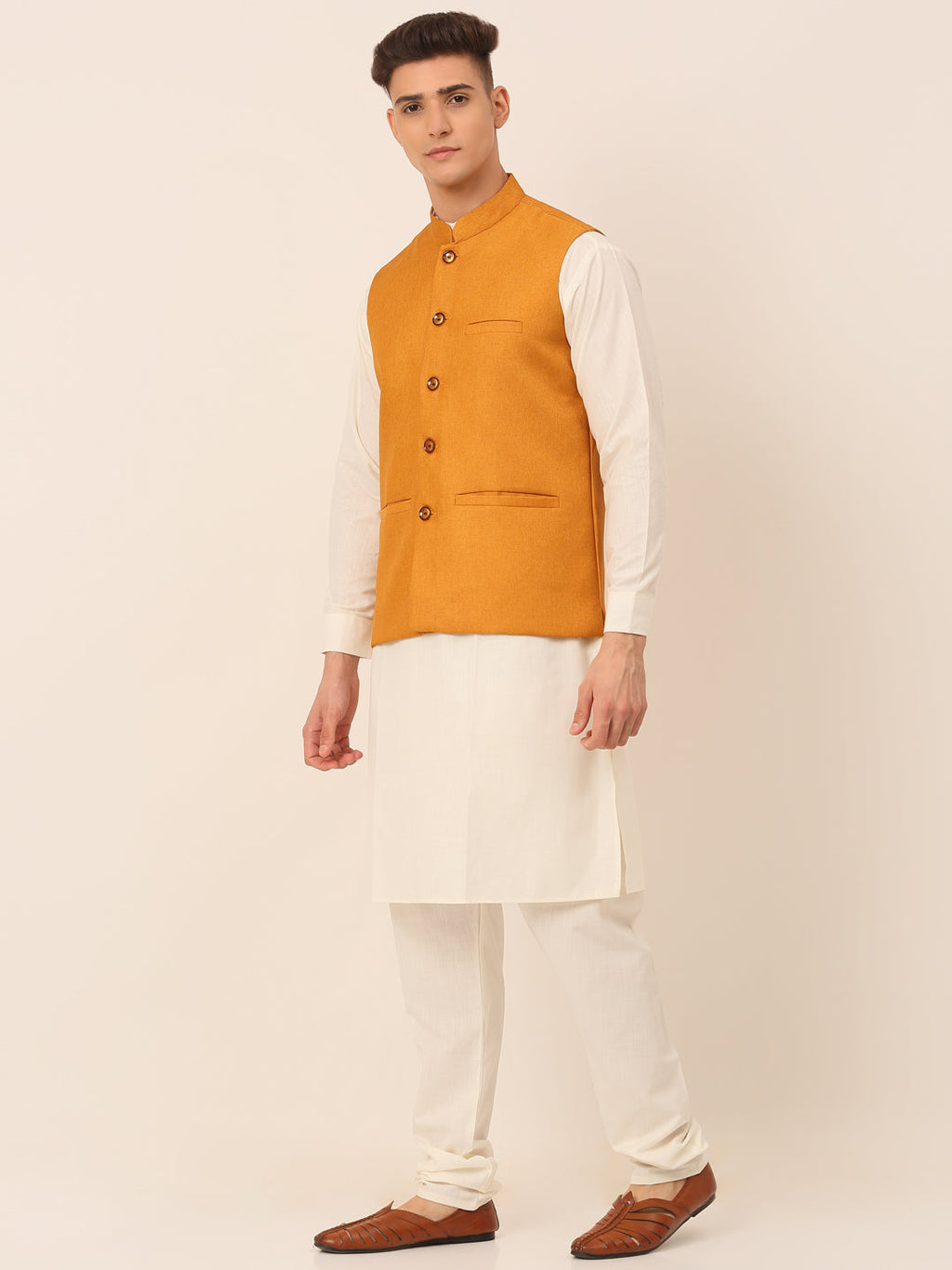 Jompers Men's Solid Kurta Pyjama With Nehru Jacket - Mustard | Grocsy