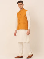 Jompers Men's Solid Kurta Pyjama With Nehru Jacket - Mustard | Grocsy