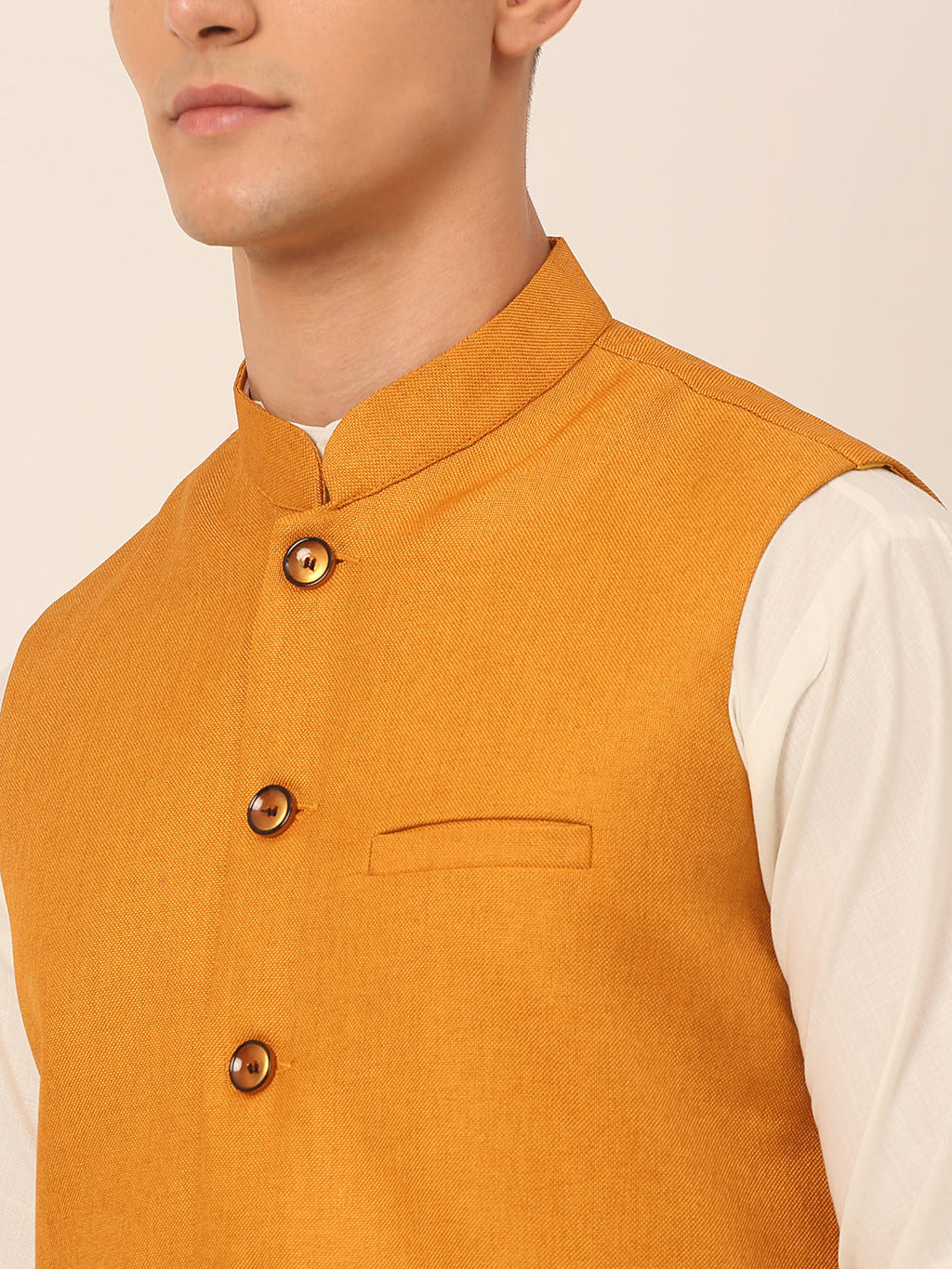Jompers Men's Solid Kurta Pyjama With Nehru Jacket - Mustard | Grocsy