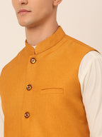 Jompers Men's Solid Kurta Pyjama With Nehru Jacket - Mustard | Grocsy