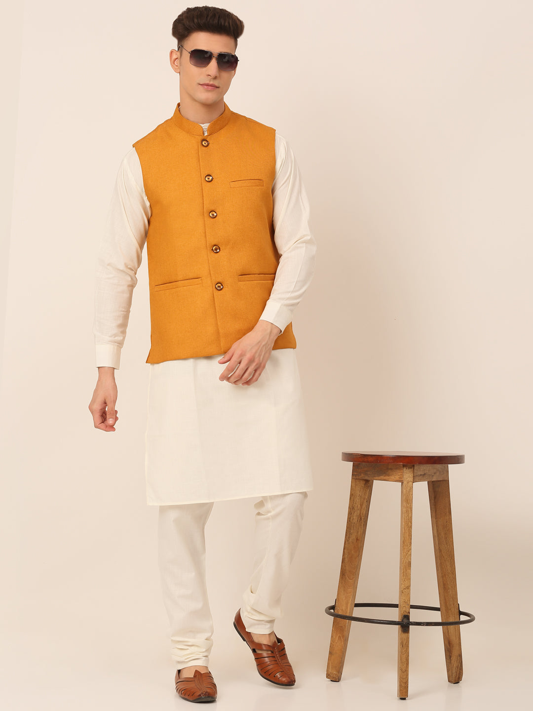 Jompers Men's Solid Kurta Pyjama With Nehru Jacket - Mustard | Grocsy