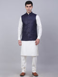 Jompers Men's Solid Kurta Pyjama With Nehru Jacket - Navy Blue | Grocsy