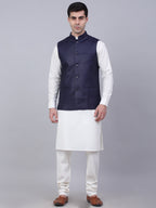 Jompers Men's Solid Kurta Pyjama With Nehru Jacket - Navy Blue | Grocsy