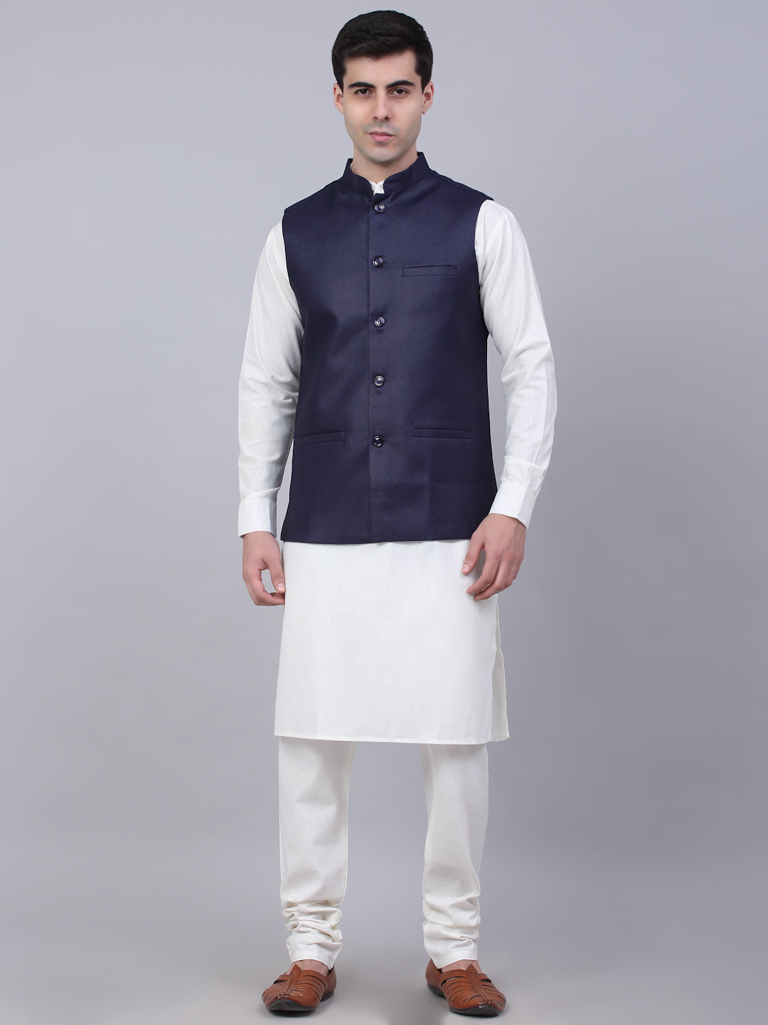 Jompers Men's Solid Kurta Pyjama With Nehru Jacket - Navy Blue | Grocsy