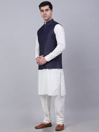 Jompers Men's Solid Kurta Pyjama With Nehru Jacket - Navy Blue | Grocsy