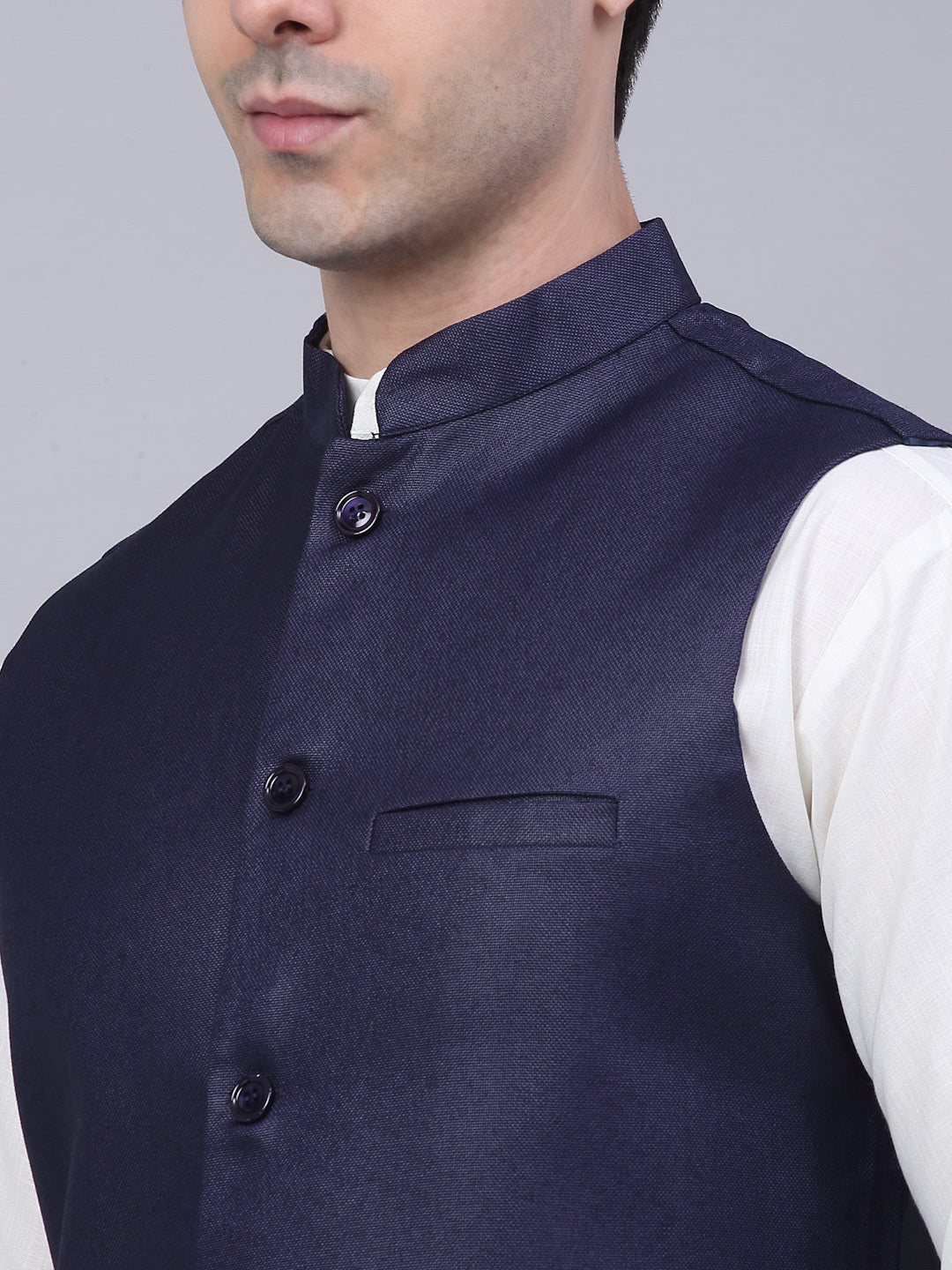 Jompers Men's Solid Kurta Pyjama With Nehru Jacket - Navy Blue | Grocsy